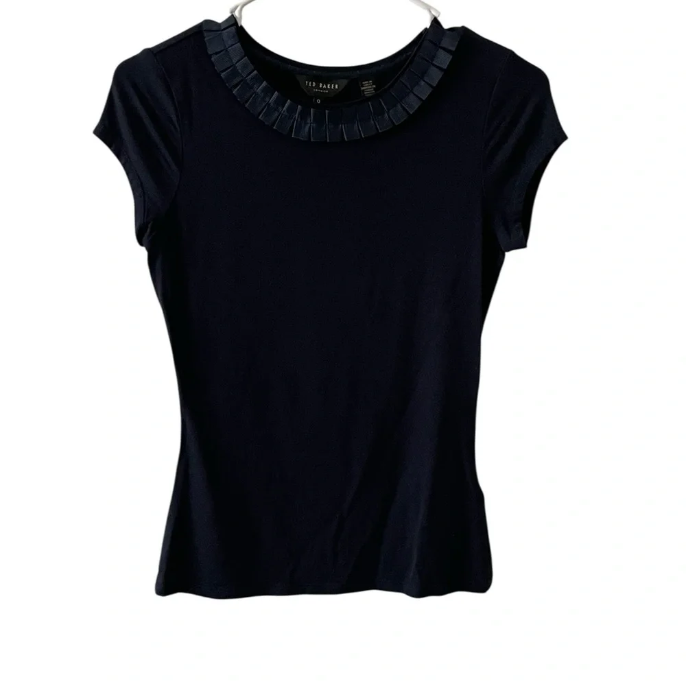 TED BAKER Sillia frill neck pleat ribbon ruffle embellished t-shirt tee top - Picture 4 of 8